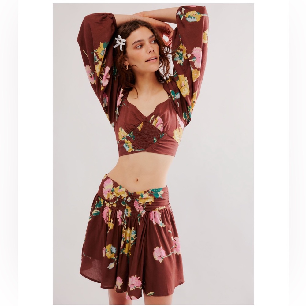 New Free People Dust Til Dawn Boho Brown Floral Long Sleeve Shorts Set Whimsy XS - Picture 2 of 16